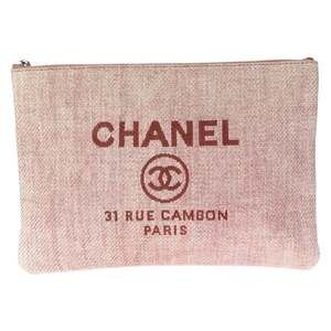 CHANEL Deauville Coco Mark Pink Silver Hardware Canvas Clutch Bag Handbag Pou...
